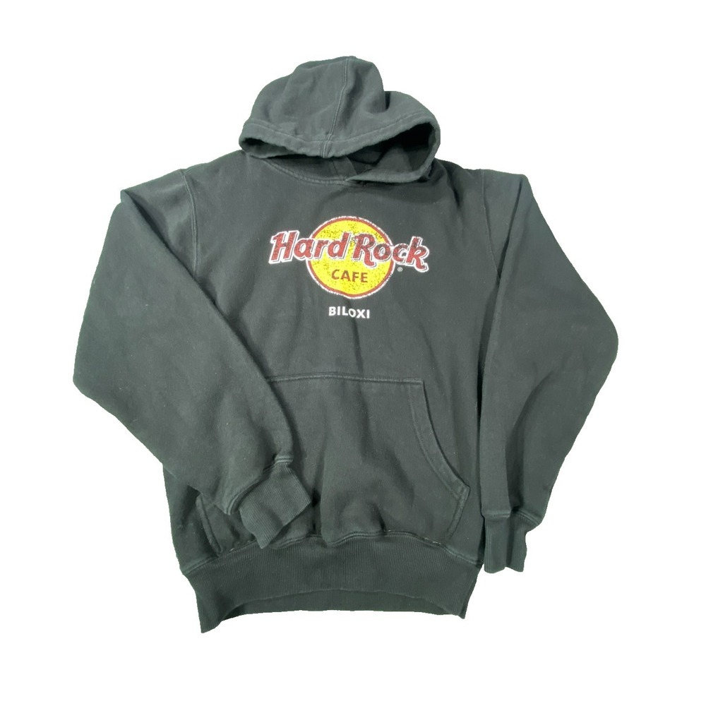 Hard Rock Cafe Hoodie Mens Medium Black Biloxi Crew Neck‎ Pullover 100% Cotton